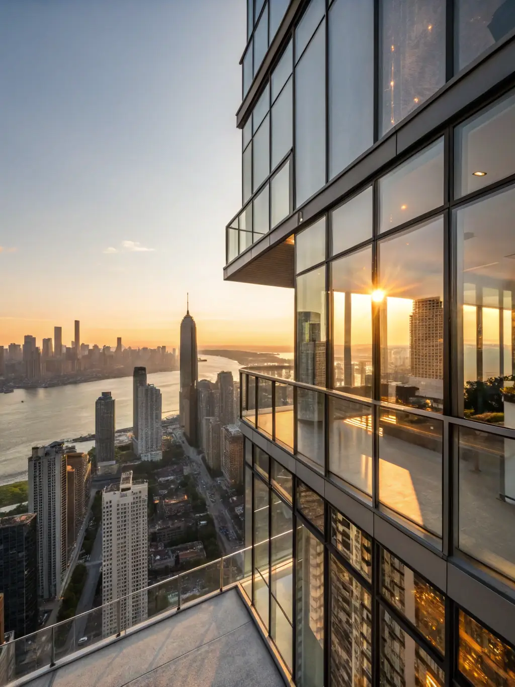 A modern apartment interior with floor-to-ceiling windows overlooking a cityscape at dusk, showcasing the luxurious urban living experience offered by ArichyPrive.