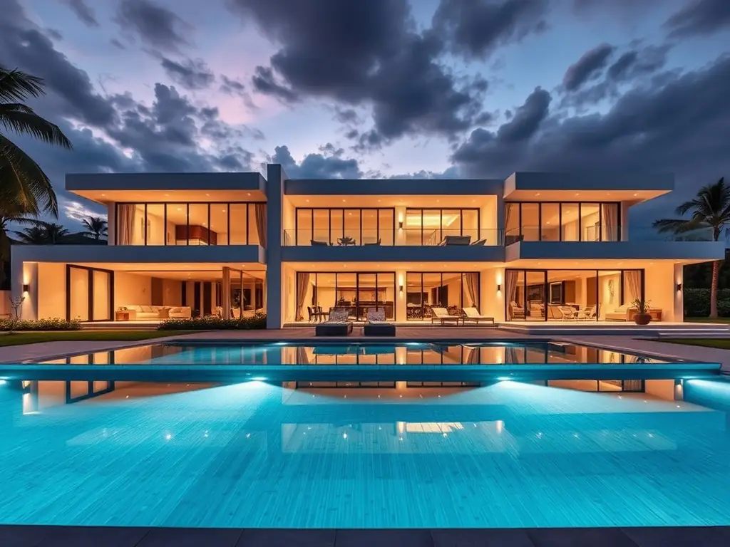 A modern, luxurious villa with an infinity pool overlooking the ocean at sunset, showcasing high-end architectural design and landscaping.