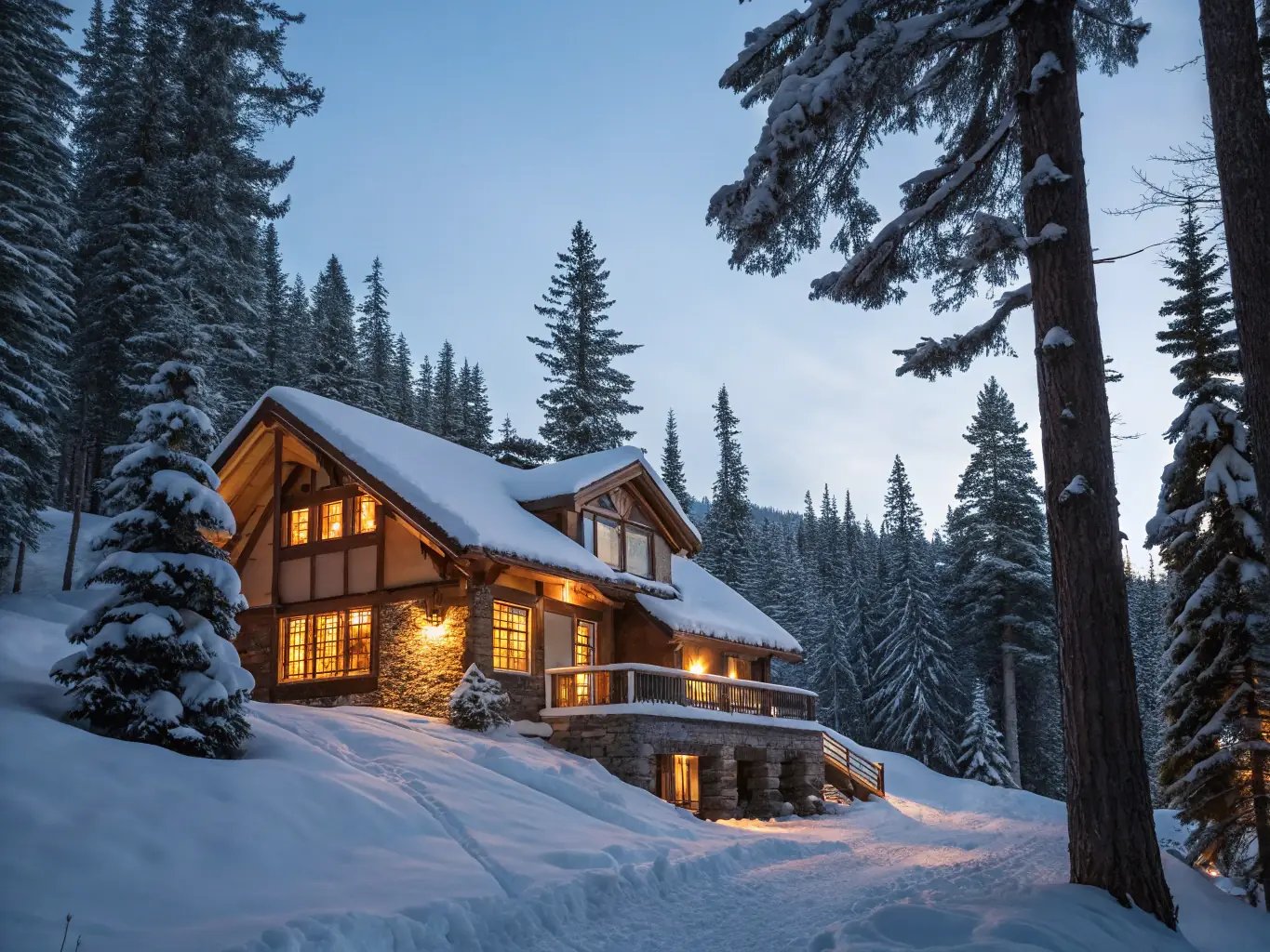 A cozy ski chalet nestled in the snow-covered mountains, featuring a roaring fireplace and panoramic views, illustrating a seasonal rental property.