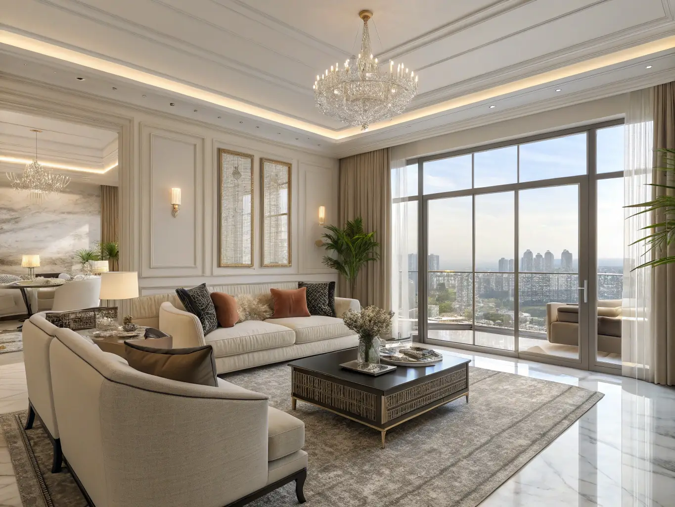 A luxurious living room with high-end furniture and a view of a cityscape at sunset, symbolizing the potential of a property listed with ArichyPrive.