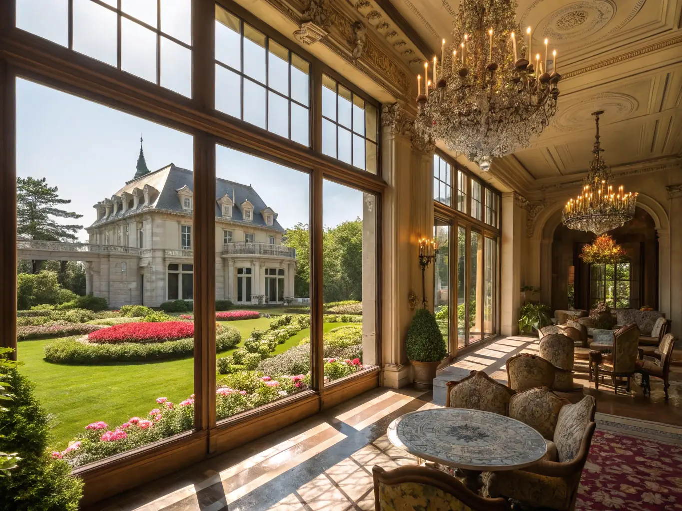 A grand estate with a long driveway, lush gardens, and classic architecture, evoking a sense of timeless elegance and prestige.