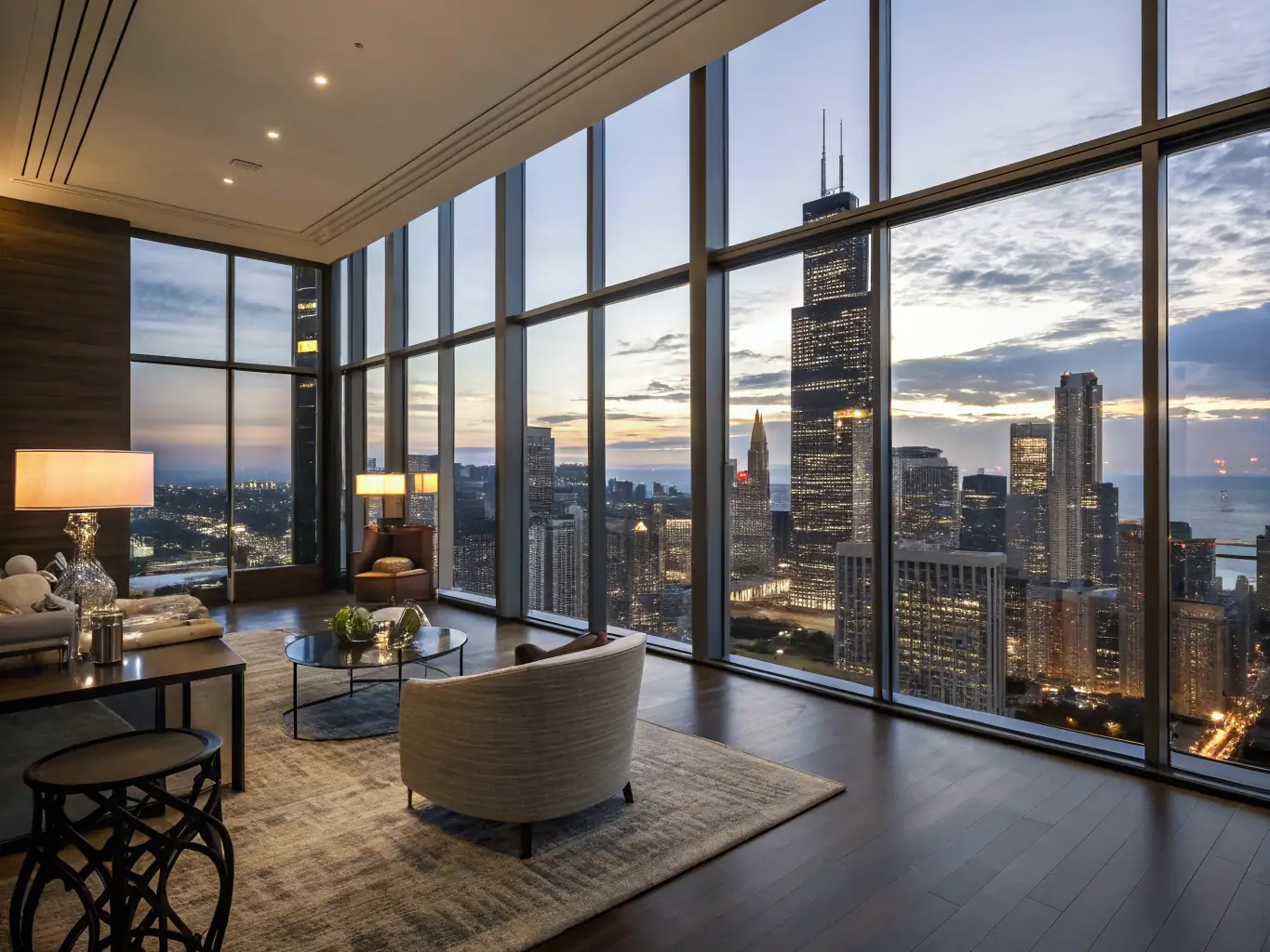 A sophisticated penthouse apartment in a bustling city, featuring floor-to-ceiling windows and a stylish interior design.