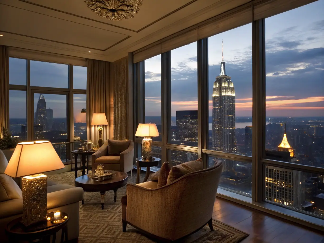 A modern, minimalist apartment interior with floor-to-ceiling windows overlooking a vibrant cityscape at dusk, showcasing a luxurious short-term rental option.