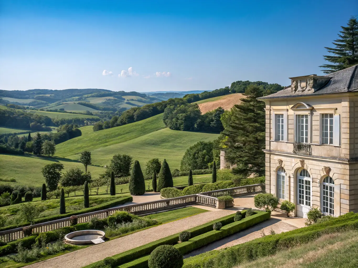 A sprawling countryside estate with manicured gardens and a private pool, bathed in the warm light of a summer afternoon, representing a luxurious long-term rental option.